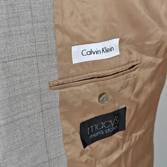 Calvin‎ Klein Men's Sport Coat Blazer Two Button Taupe Grayish Plaid Wool Sz 46L - Picture 16 of 16
